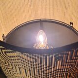 1960s neo-classical brass lamp with bamboo shade and geometric pattern.