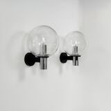 Pair of vintage XL wall lights, chrome metal and bubble glass, France, 1970.
