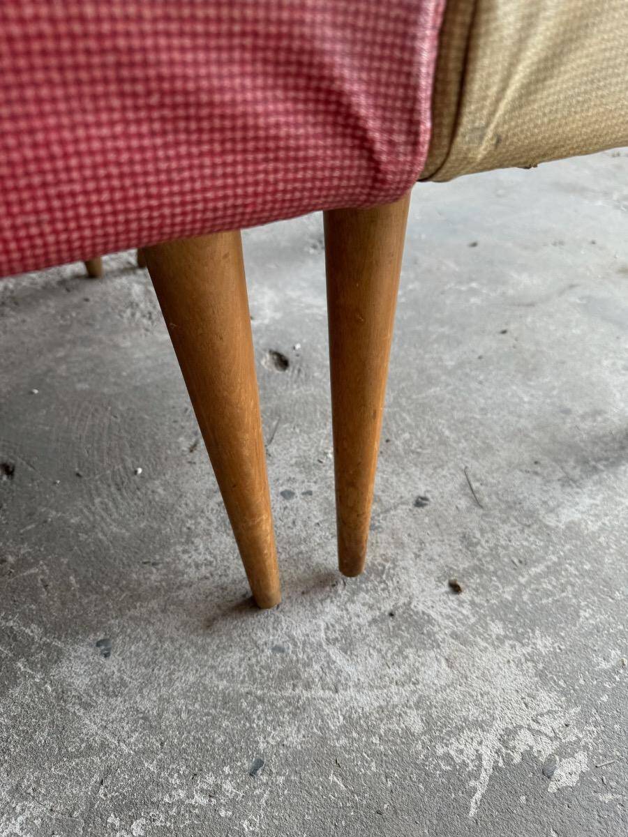 Set of 3 Mid-century club chairs — light blue, wine red & ochre textile with wooden legs