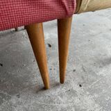Set of 3 Mid-century club chairs — light blue, wine red & ochre textile with wooden legs