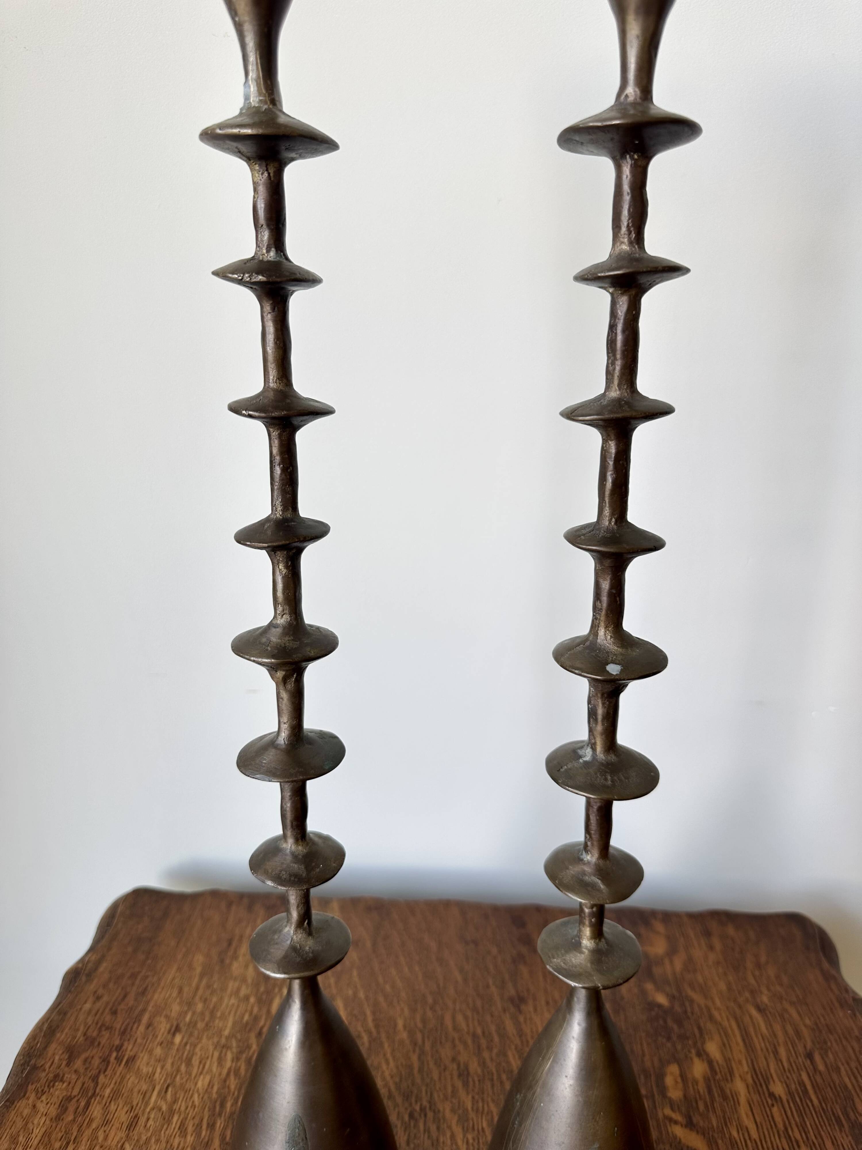 Vintage mid century brutalist hand forged brass candlesticks