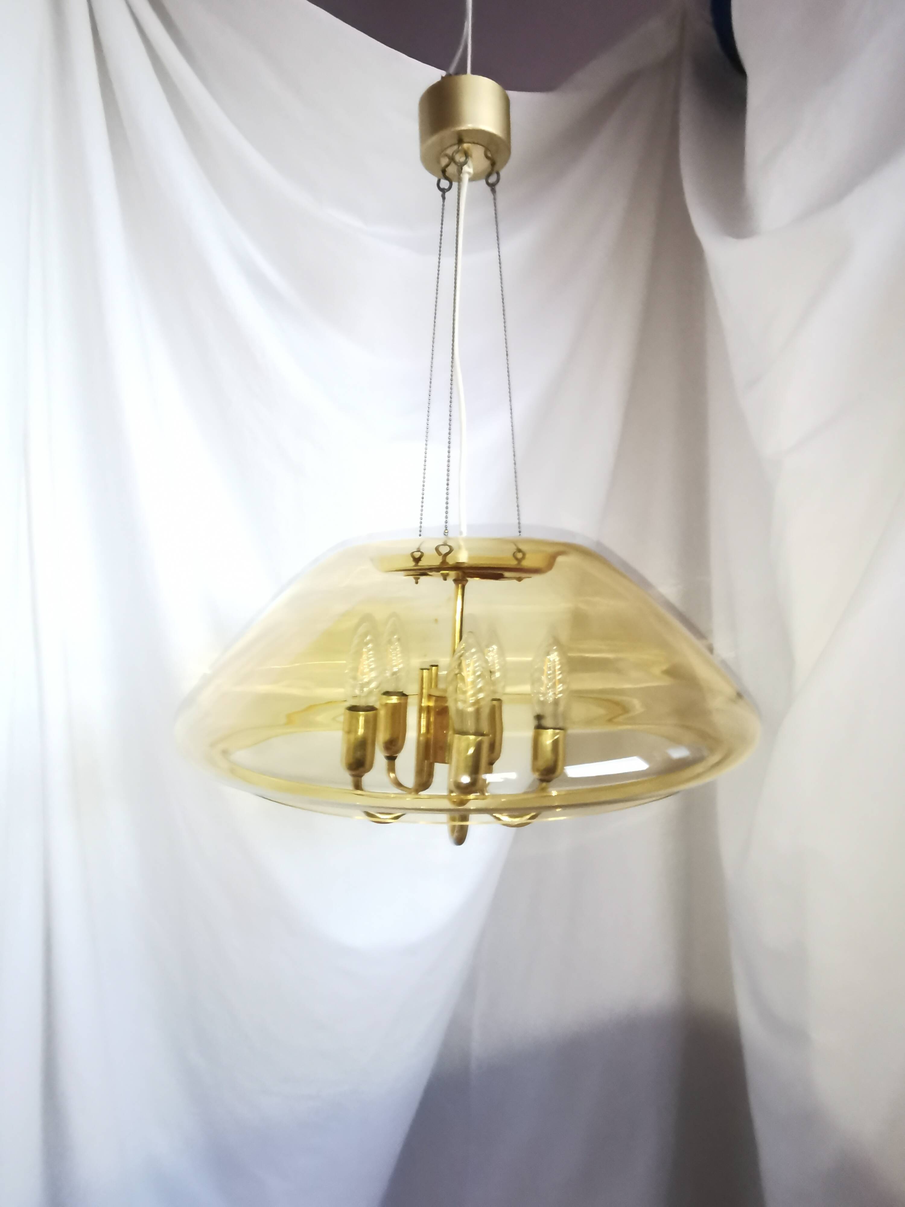 Large chandelier in brass and smoked glass, six branches, space age, baroque, Italy, 1970.