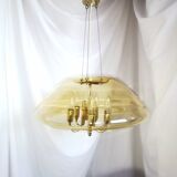 Large chandelier in brass and smoked glass, six branches, space age, baroque, Italy, 1970.