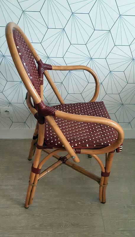 Vintage Parisian bistro armchair in rattan/bamboo and woven nylon.