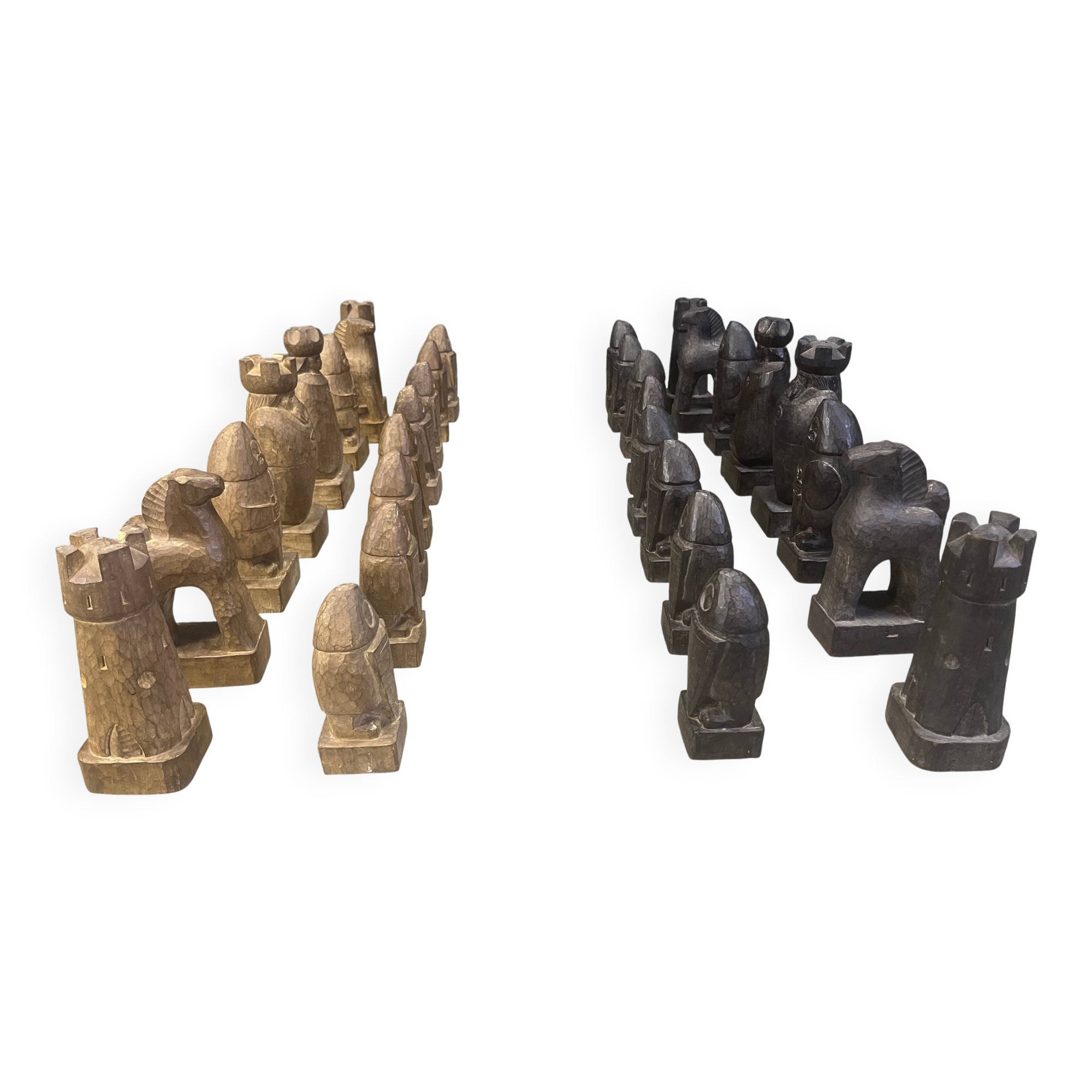 Large hand crafted wooden chess figure set, 1960s