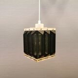 Old Swedish lamp made of metal and smoked solid glass pieces.