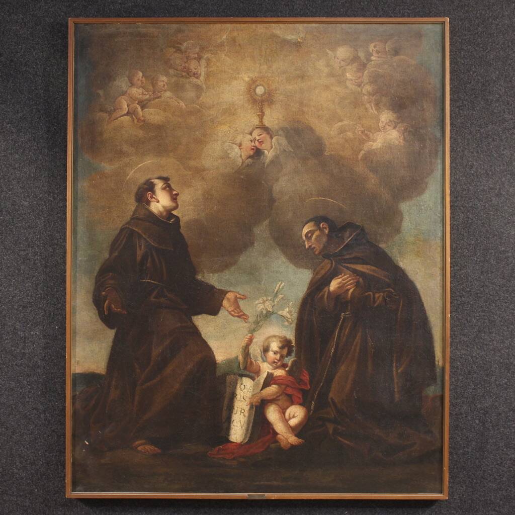 Antique Italian painting of adoration of friars with cherubs 17th century