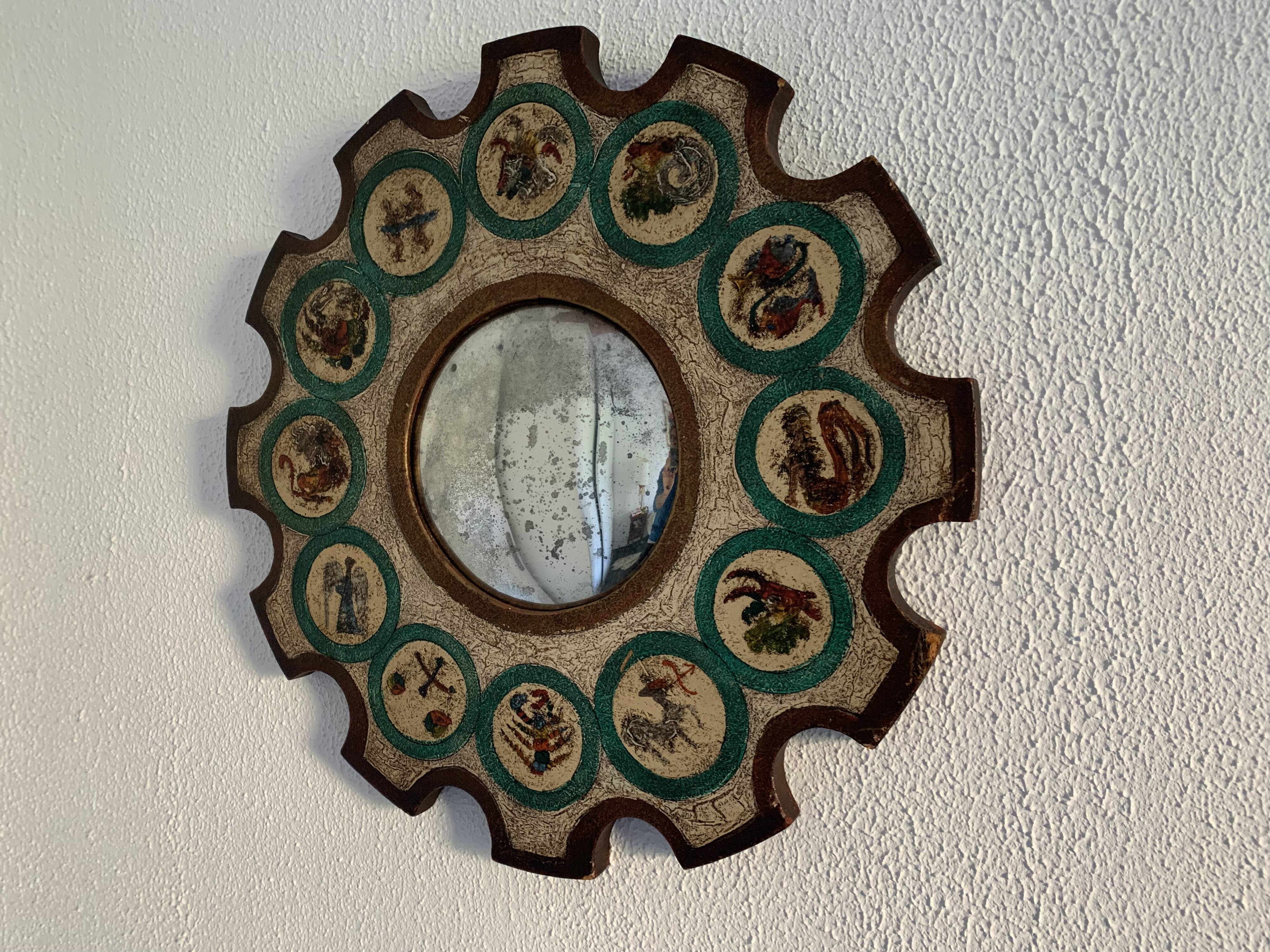 Vintage 1960s witch's eye sun mirror, wooden zodiac - 56 cm