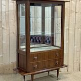 Vitrine des années 60 en palissandre, acajou et poignées cuir