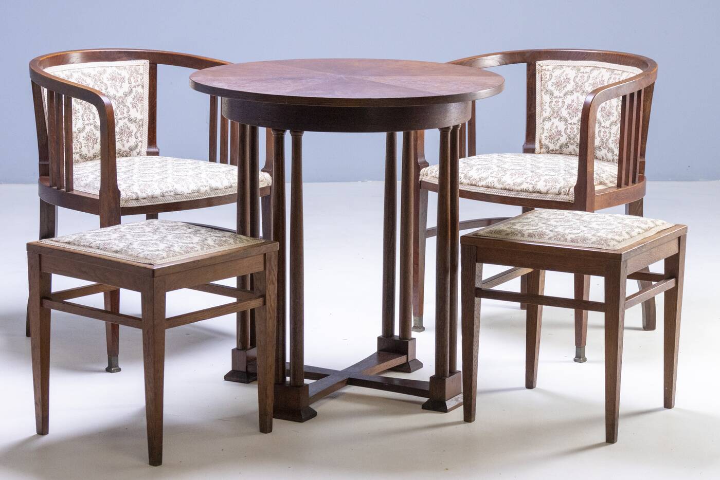 Art Nouveau seating set, bentwood table, armchairs & stools, circa 1910