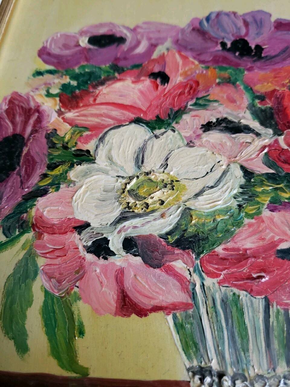 Pair of oils on panel "bouquet of yellow roses" and "bouquet of anemones"