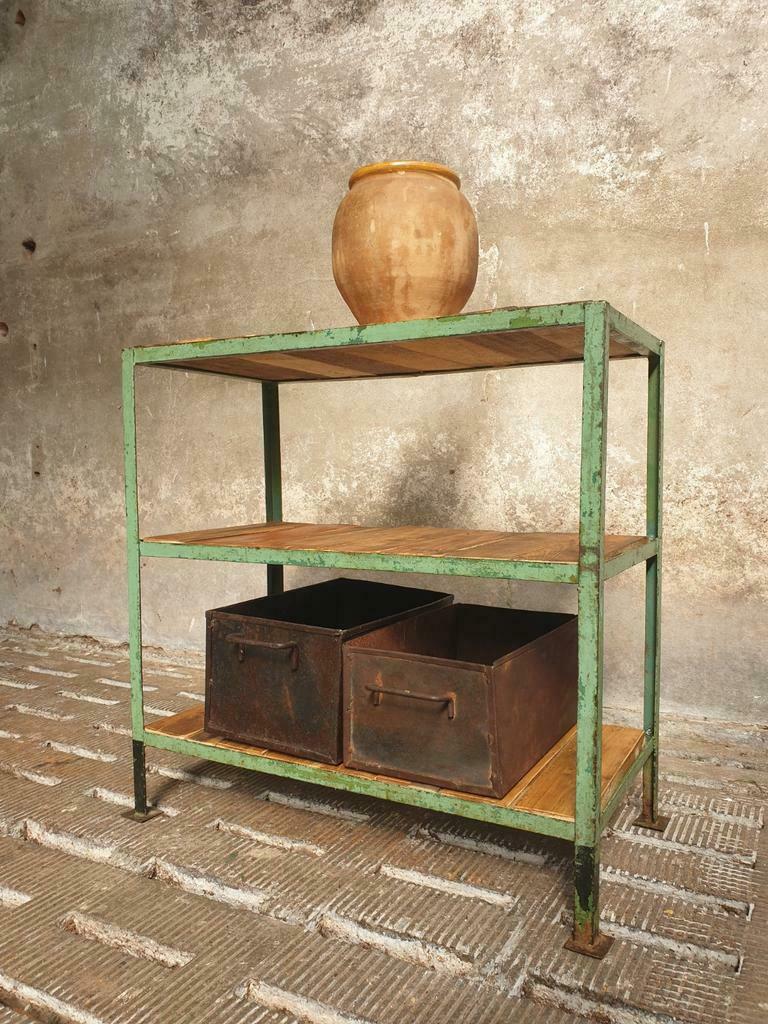 Old shelving green with wood