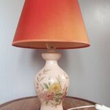 Pink ceramic living room lamp with coral shade, by R. Deschuytener.