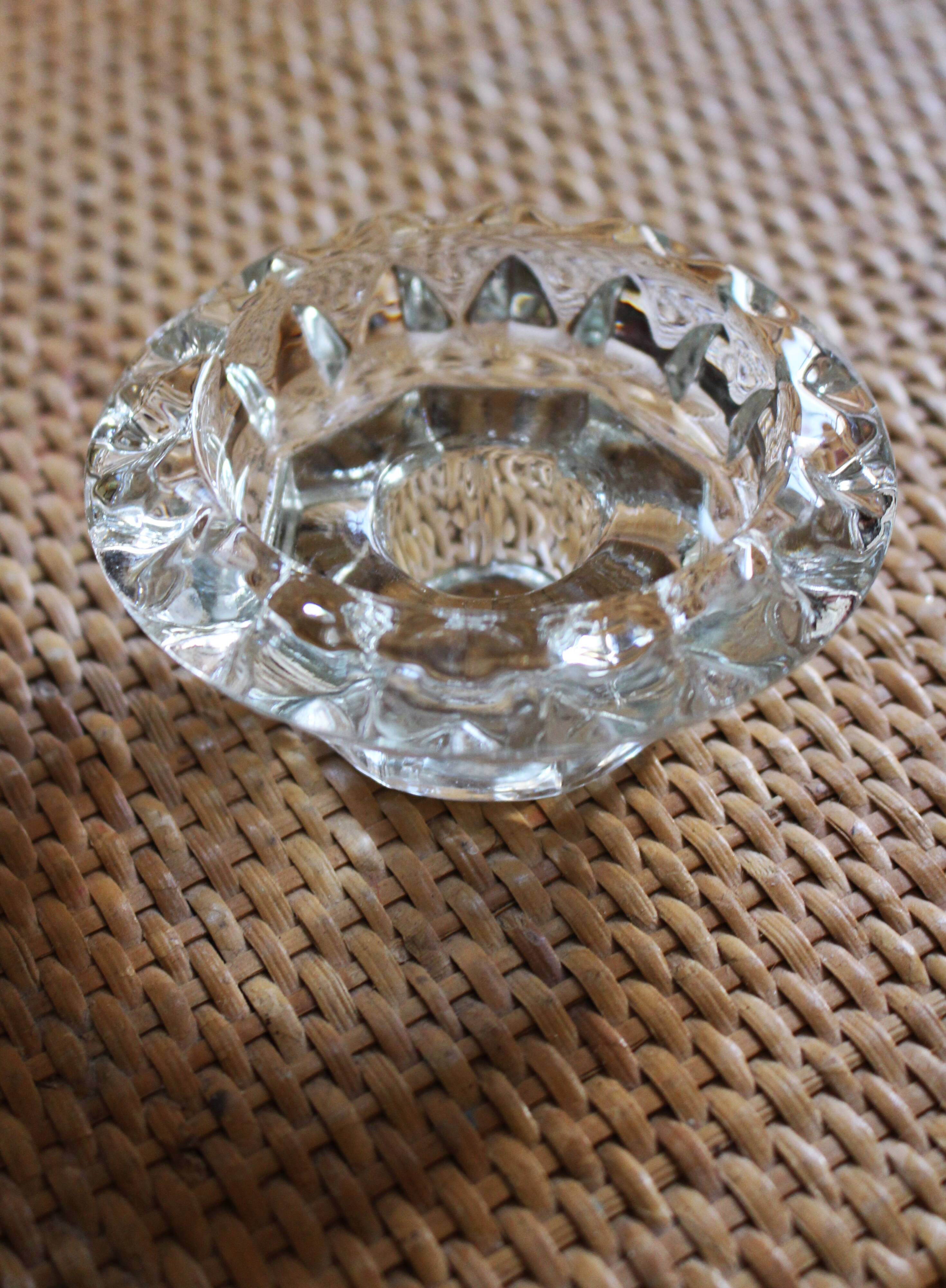Set of 2 vintage glass candle holders with flower carving