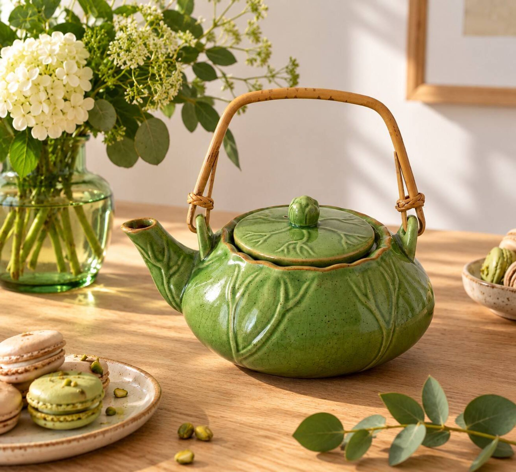 Vintage green teapot with lotus decoration and bamboo handle.