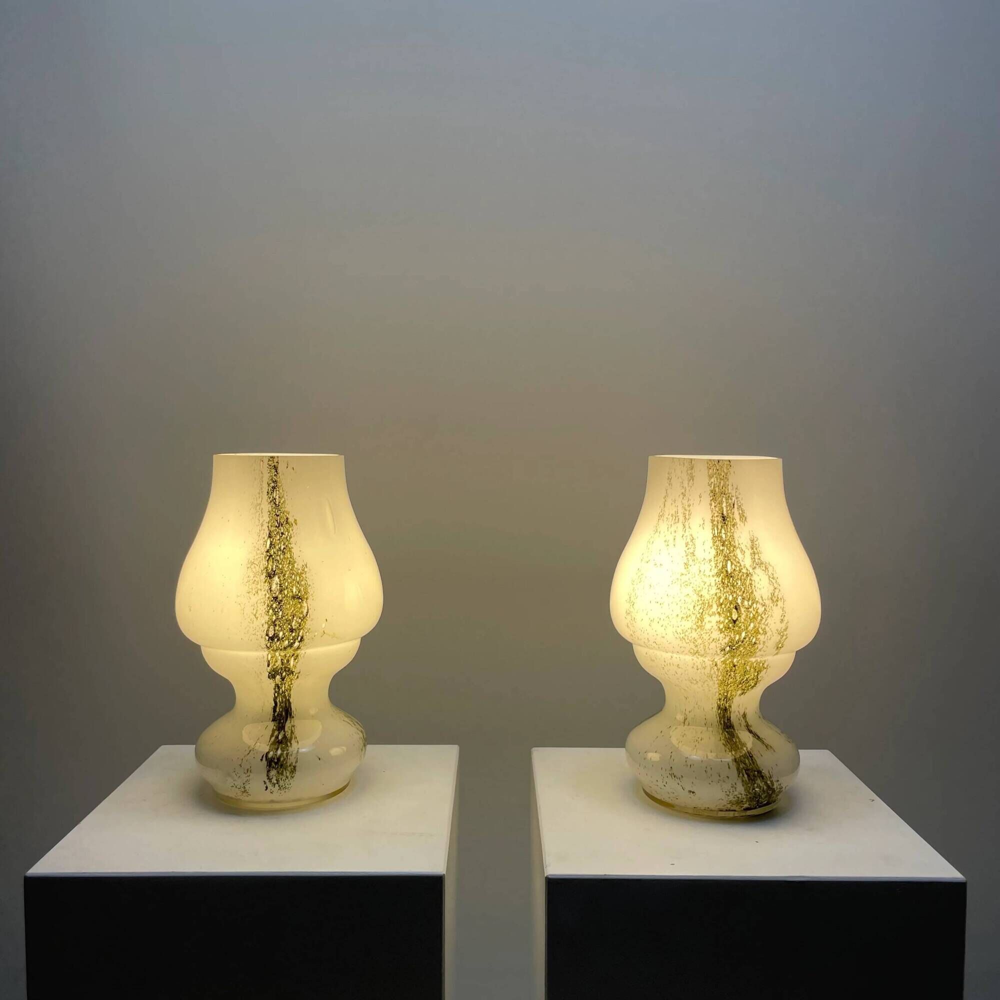 Pair of mushroom table lamps in white and green glass by Doria Leuchten, 1970.