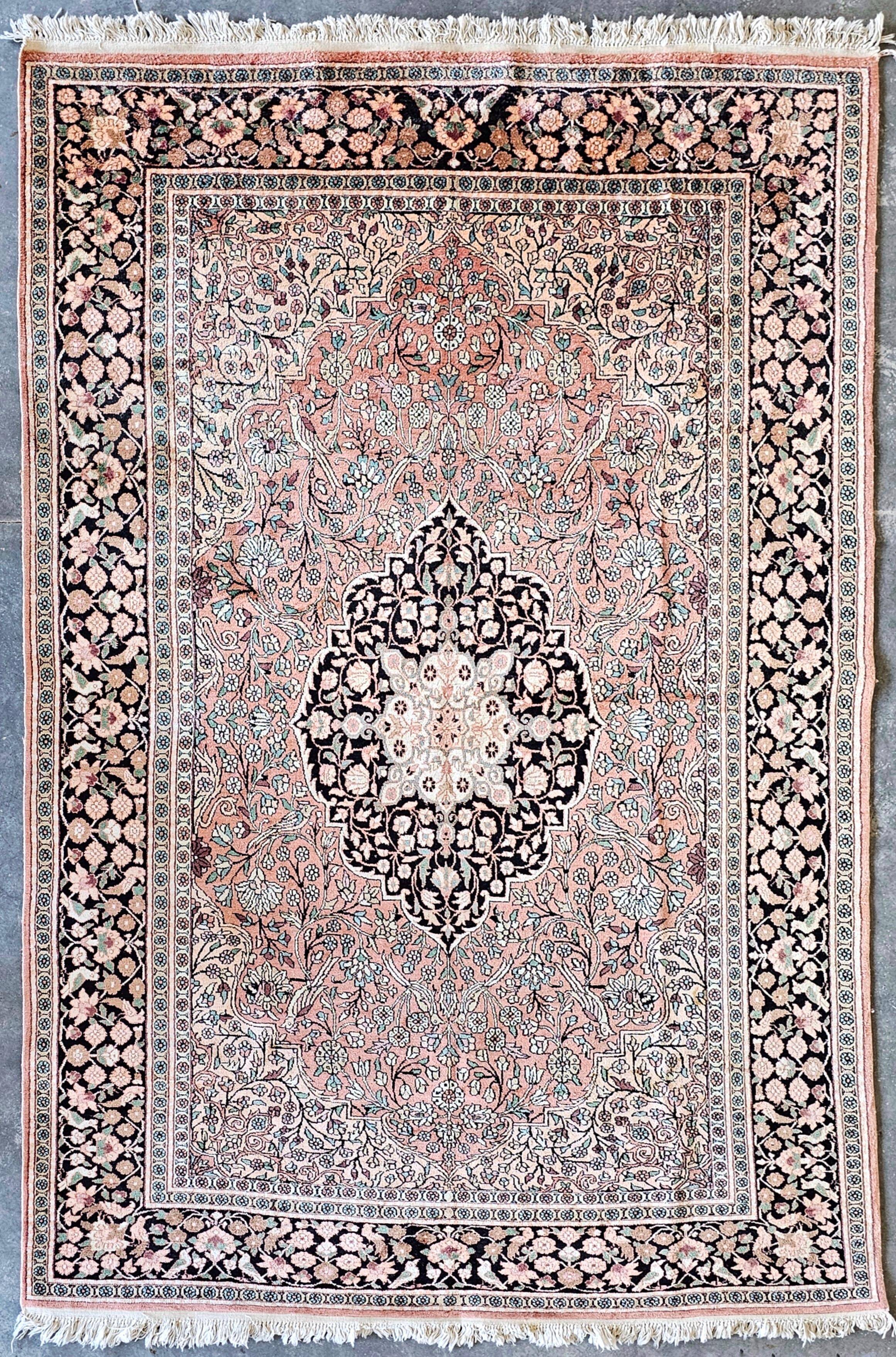 Vintage Kasmir Silk Hand-Knotted Rug with Floral Pattern, Pakistan 1950s