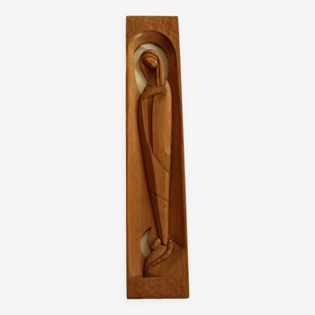 Hand carved wooden wall picture mother of god - wall relief - vintage from the 60s