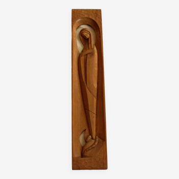 Tableau mural en bois sculpté à la main Mère de Dieu - Relief mural - vintage des années 60