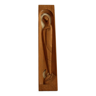 Hand carved wooden wall picture mother of god - wall relief - vintage from the 60s