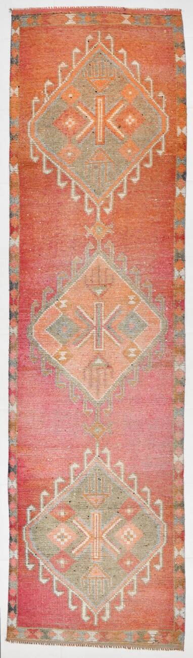 3x11 Reddish Coral Tones Vintage Runner Rug, Handwoven Runner Rug,91x346Cm