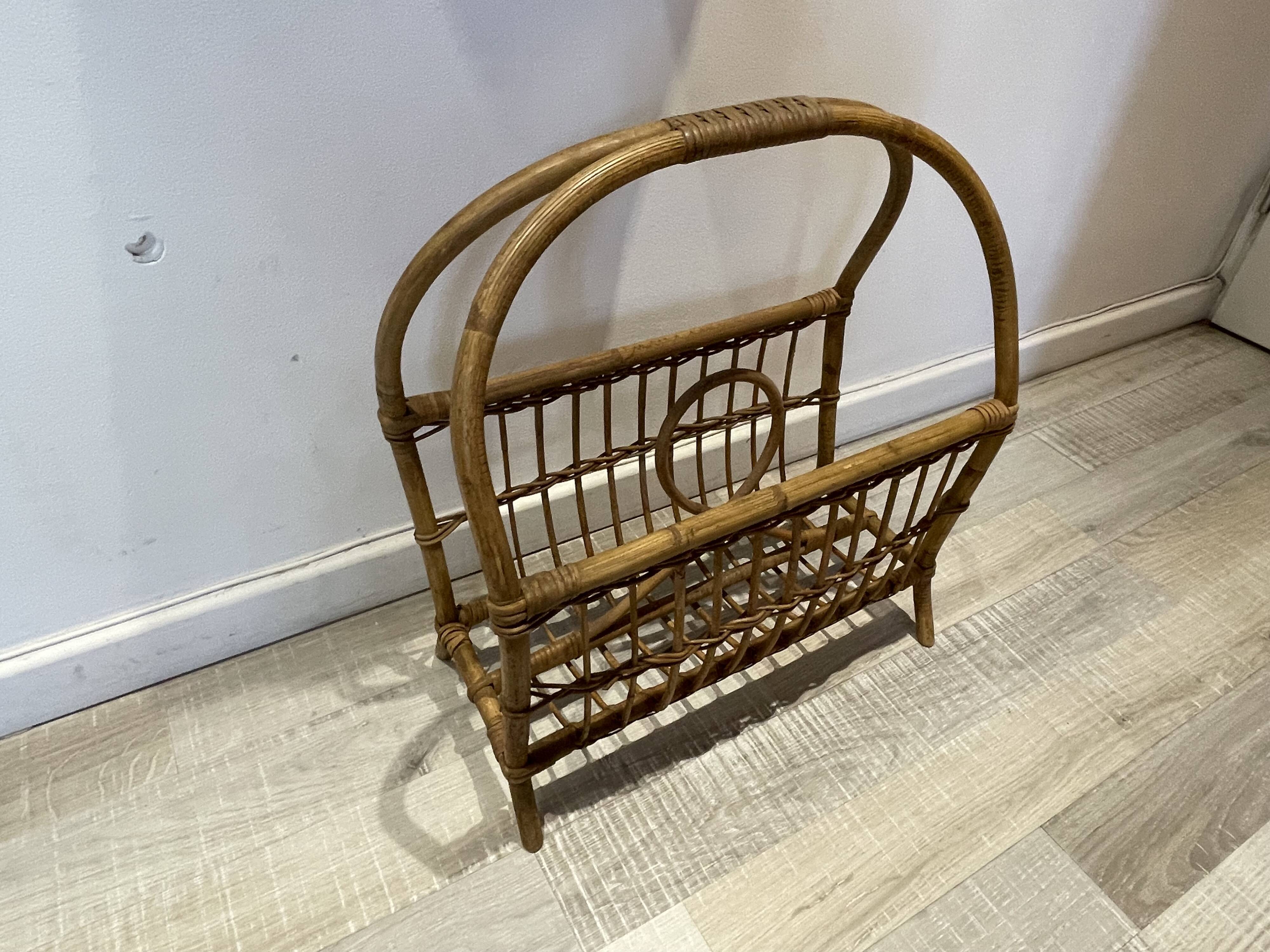 60s rattan magazine rack