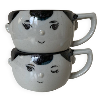 Set of 2 Coffee Cups with Snowman Faces - Vintage Charm in Gray Stoneware, Wink