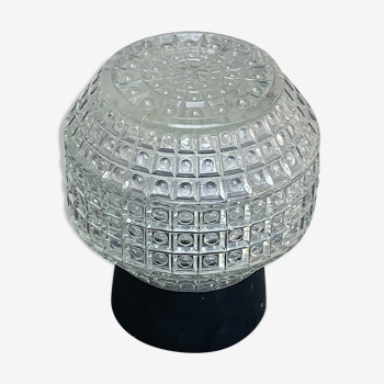 Globe à poser ou à suspendre, verre, motifs géométriques et base bakélite noir vintage