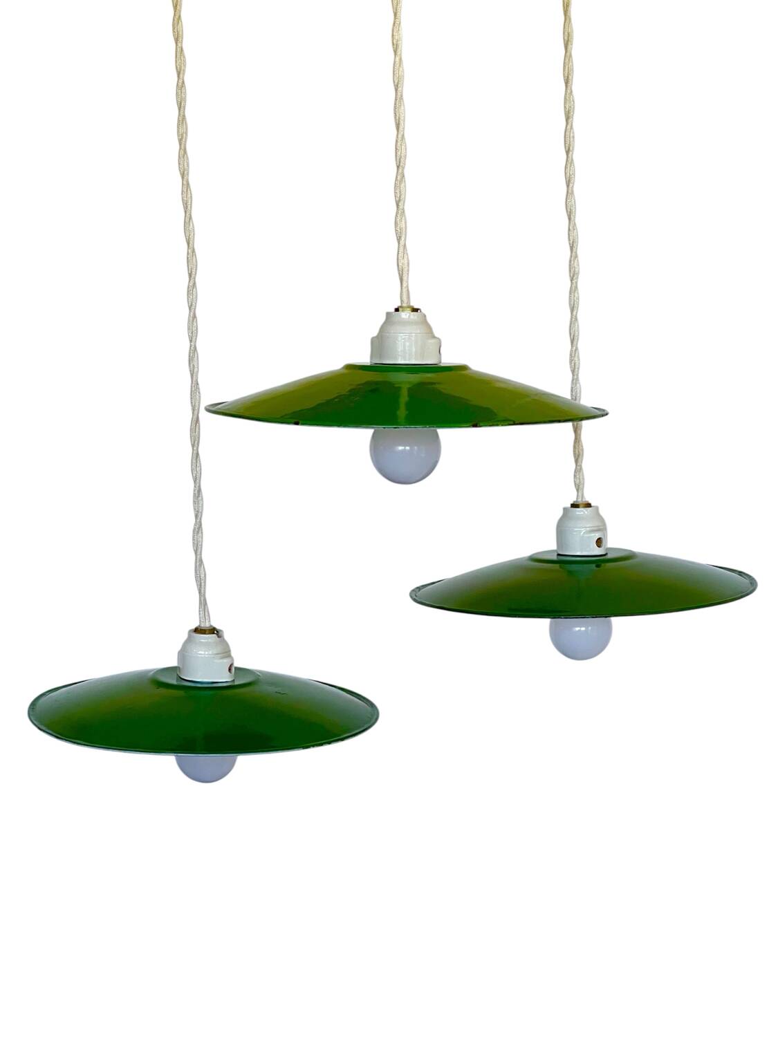 Triple industrial style pendant light with enamelled sheet metal and porcelain sockets