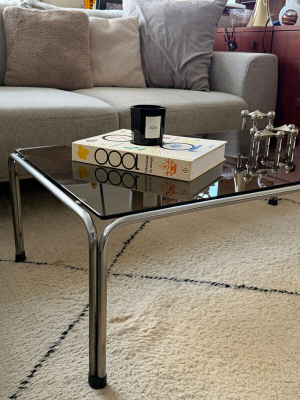 Ancienne table basse chrome et verre fumé vintage