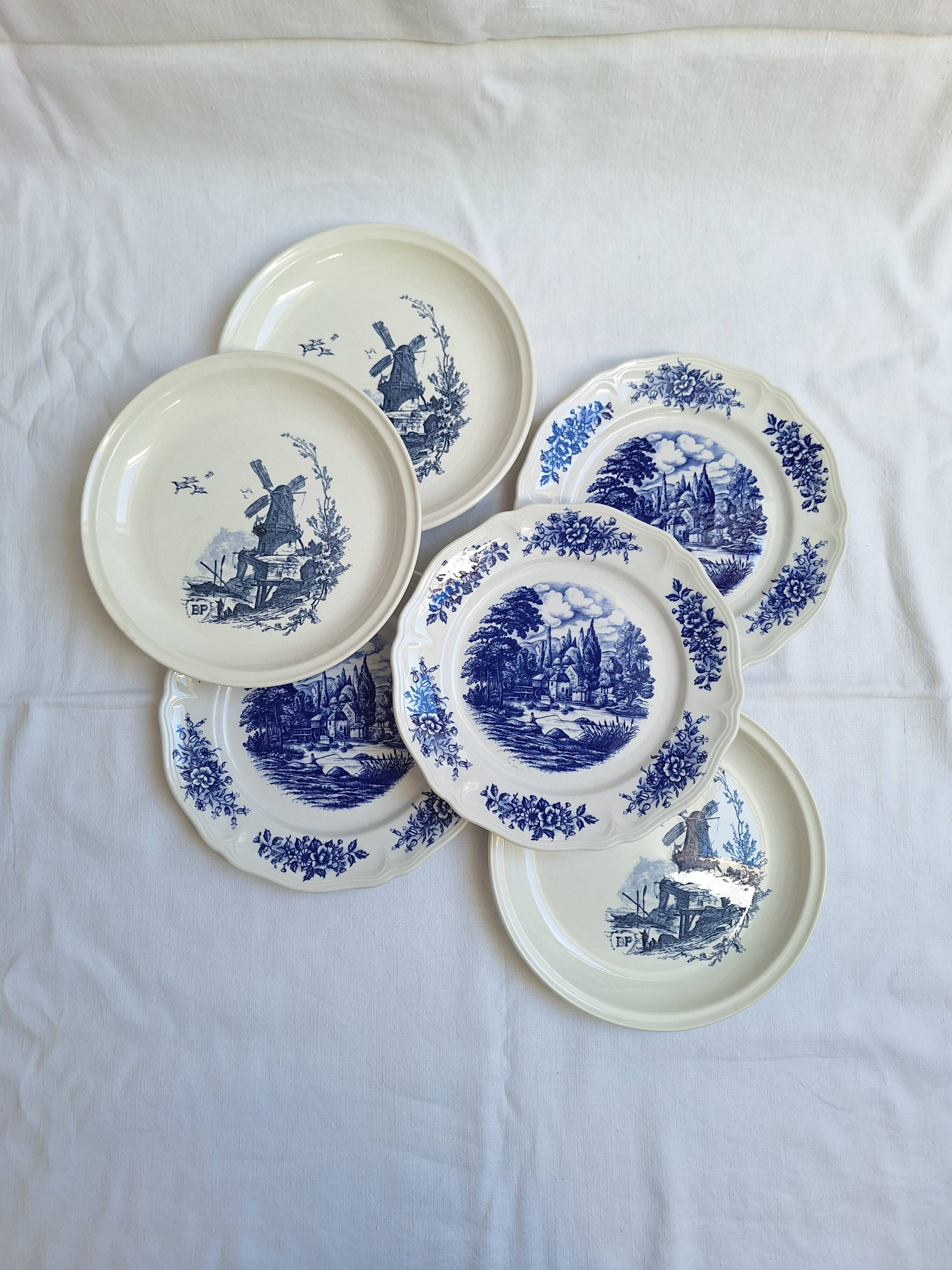 Vintage blue Moulin des Loups dinner plates