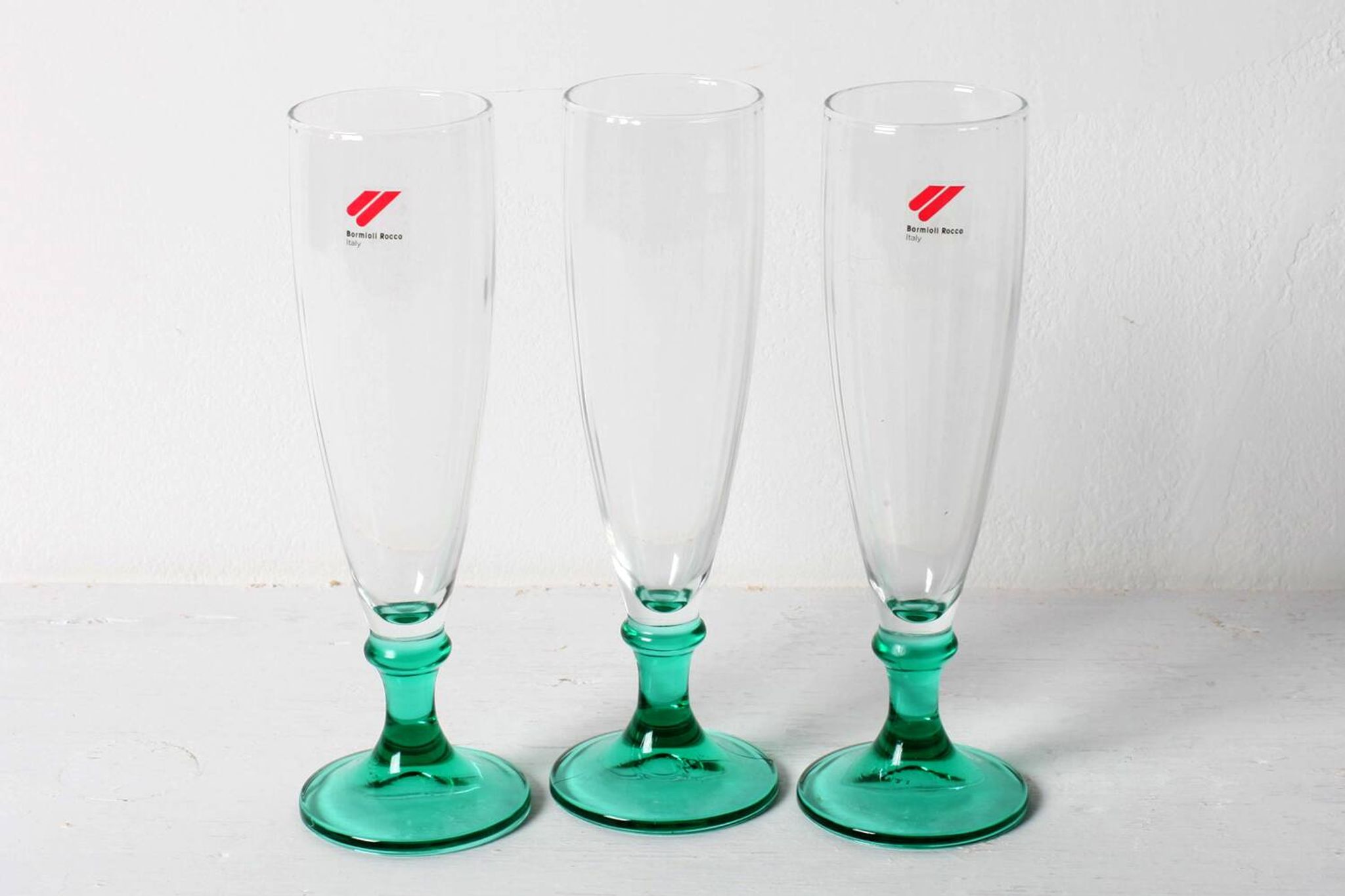 Set of 3 Vintage Green Stem Champagne Flutes: Bormioli Rocco Harmonia, 1990