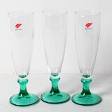 Set of 3 Vintage Green Stem Champagne Flutes: Bormioli Rocco Harmonia, 1990