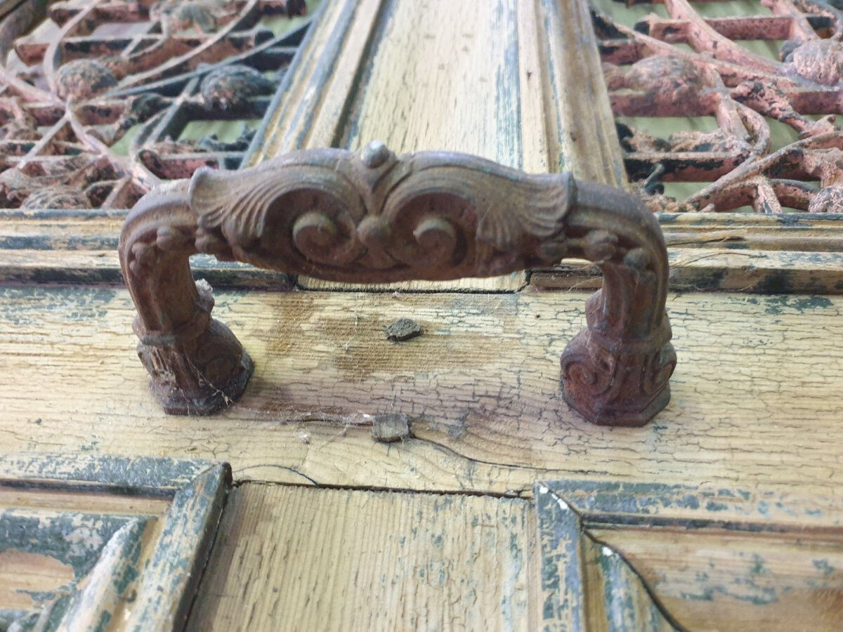 Front door of a house or building in the city centre, with a dolphin door knocker and frame + transom.