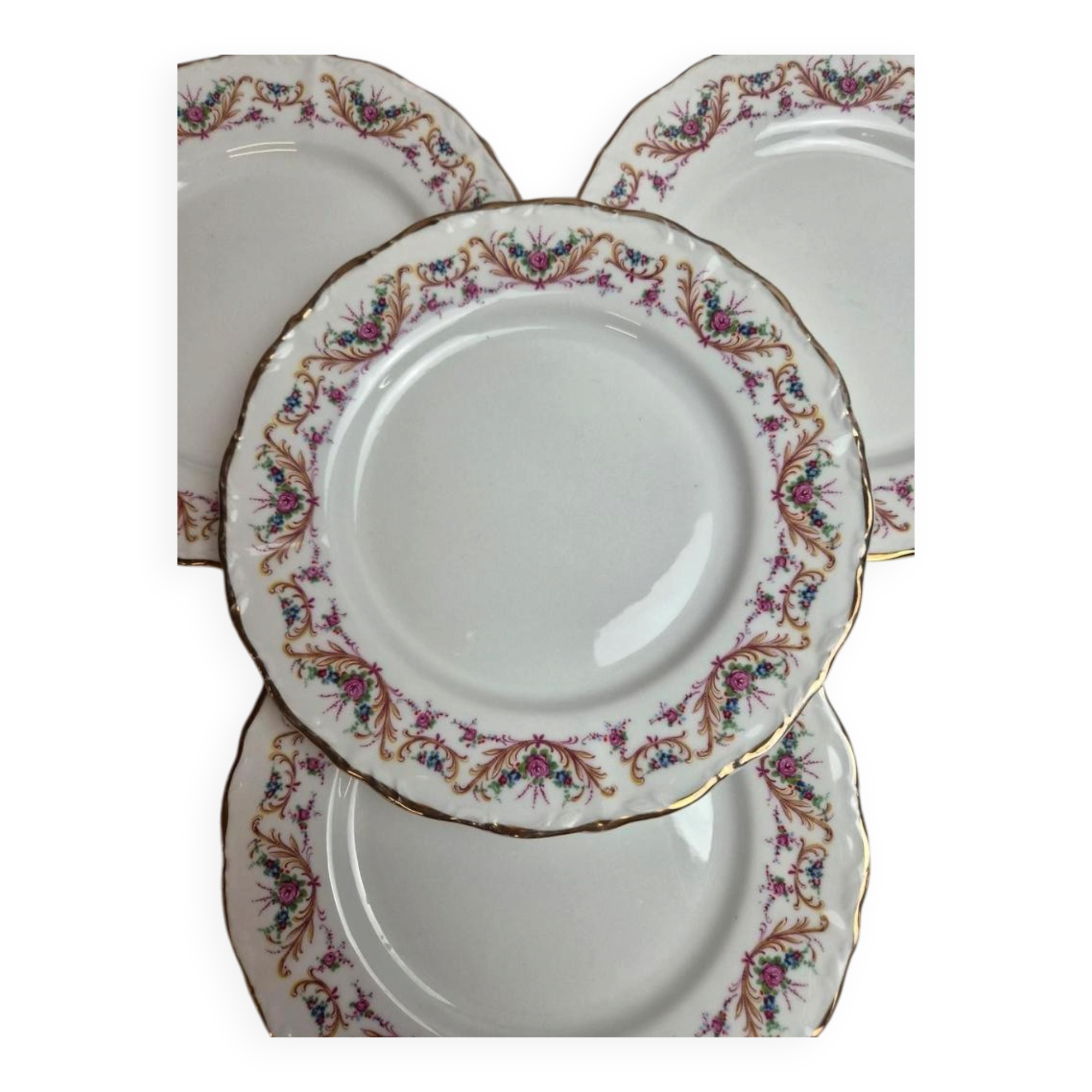 Set of 4 dessert plates French porcelain Digoin romantic floral gold decoration