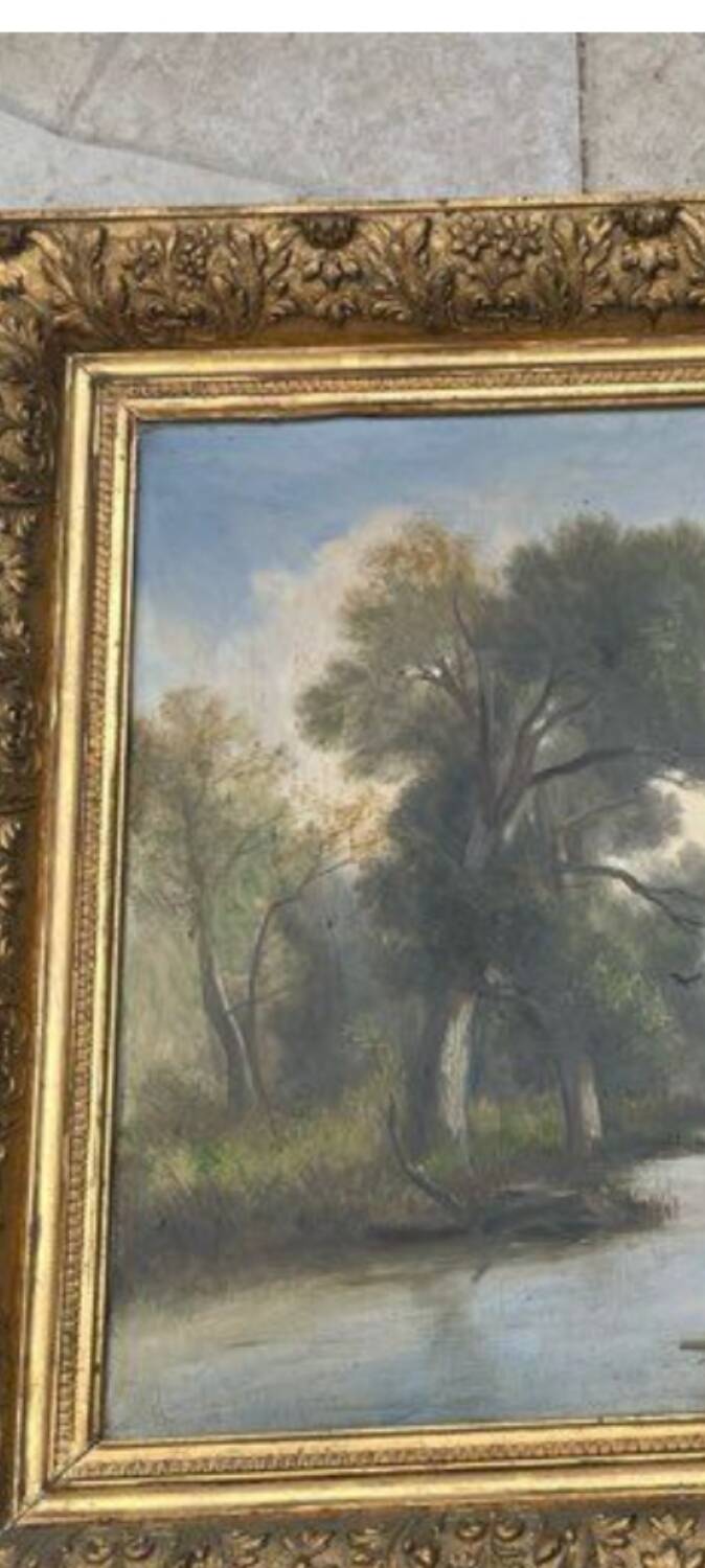Large old painting landscape river – oil on canvas late 19th century – framed