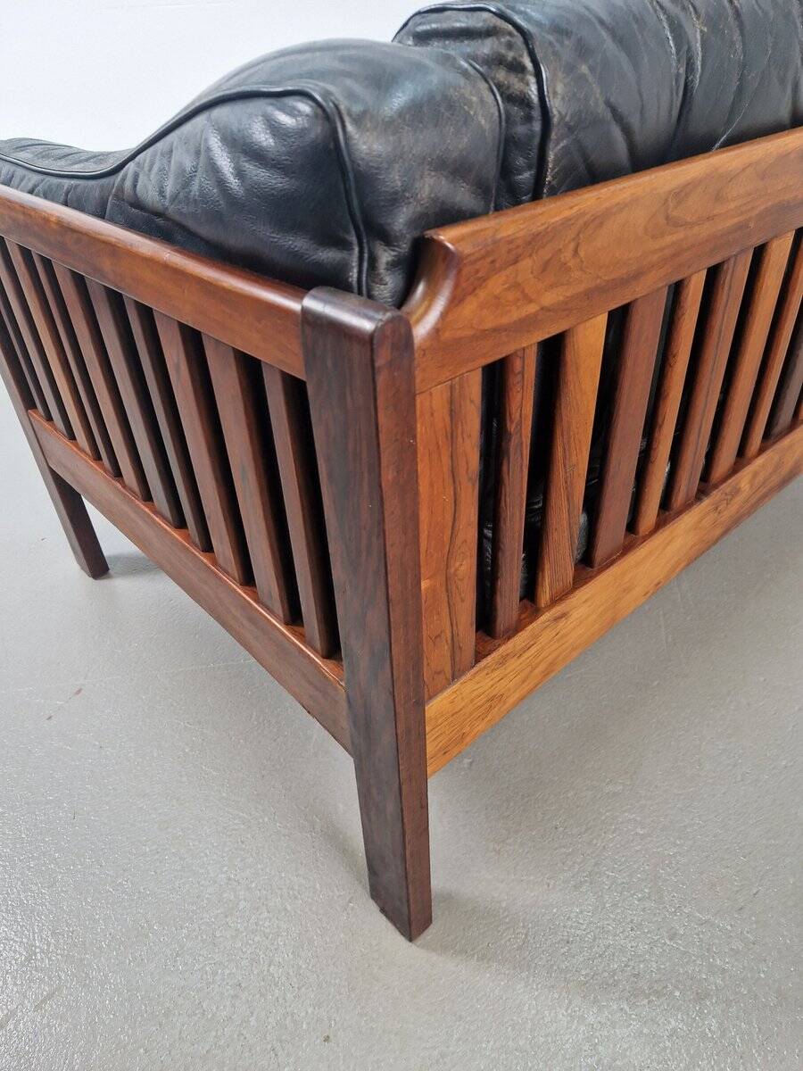 Mid-Century Modern Scandinavian Monte Carlo Sofa in Black Leather and Wood by Ingvar Stockum, 1965