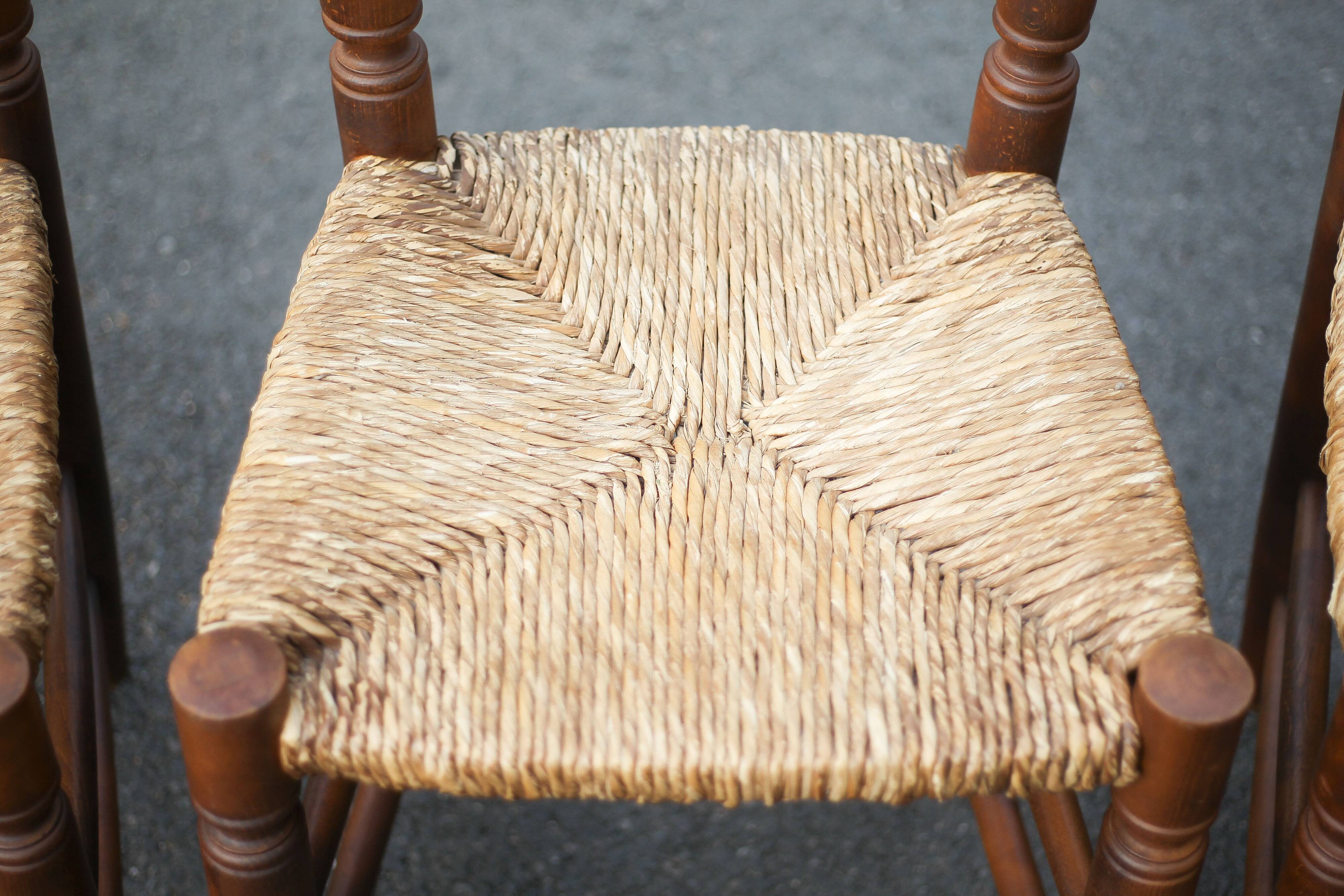 Set of 5 vintage wooden and straw chairs, straw chair, countryside