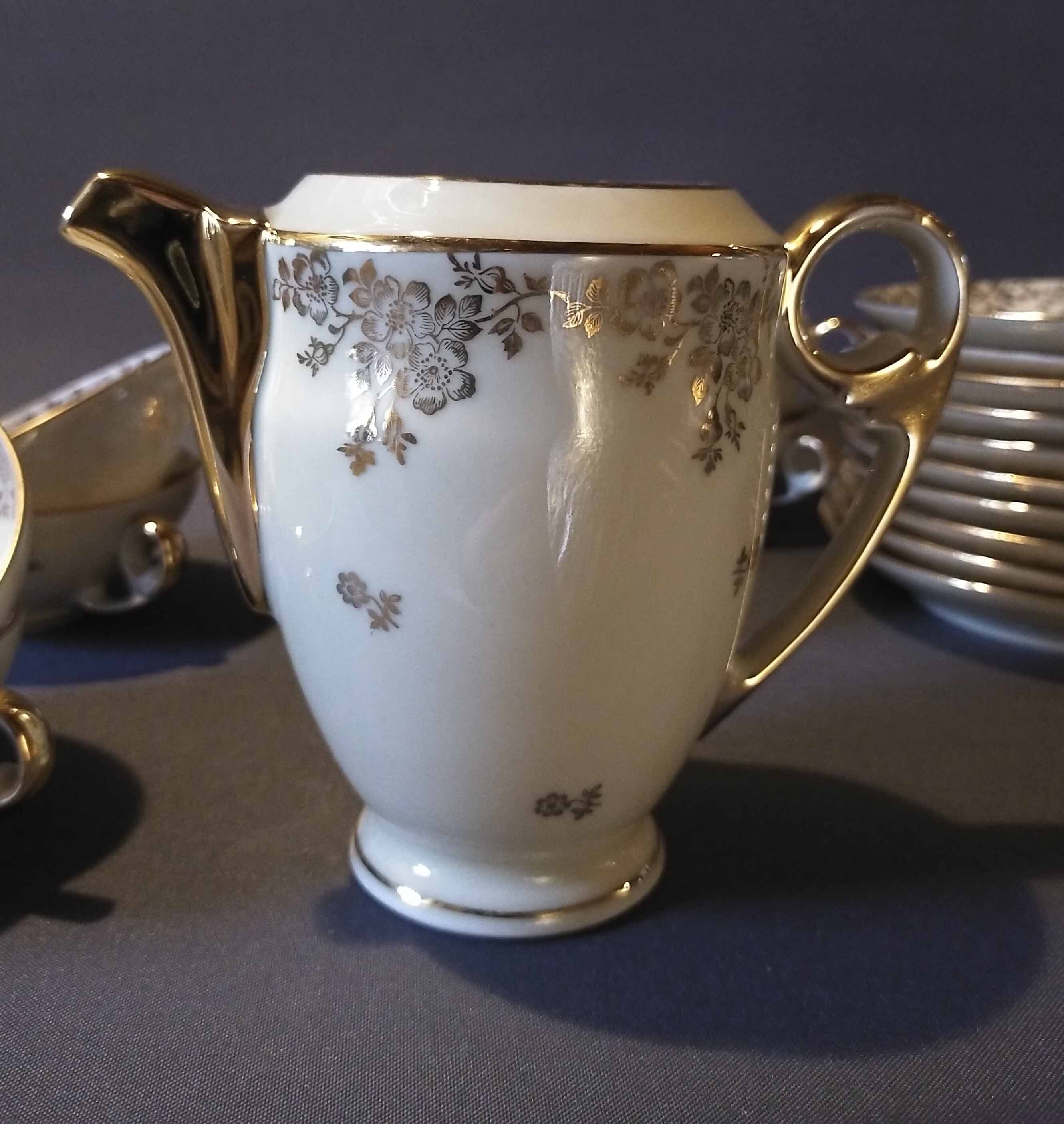 10 cups and tea saucers Limoges porcelain DRB Manufacture decor signed JS