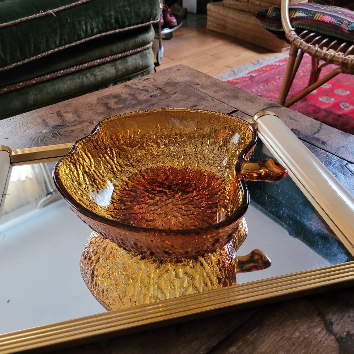 Amber glass bowl – apple shape – textured 70s design