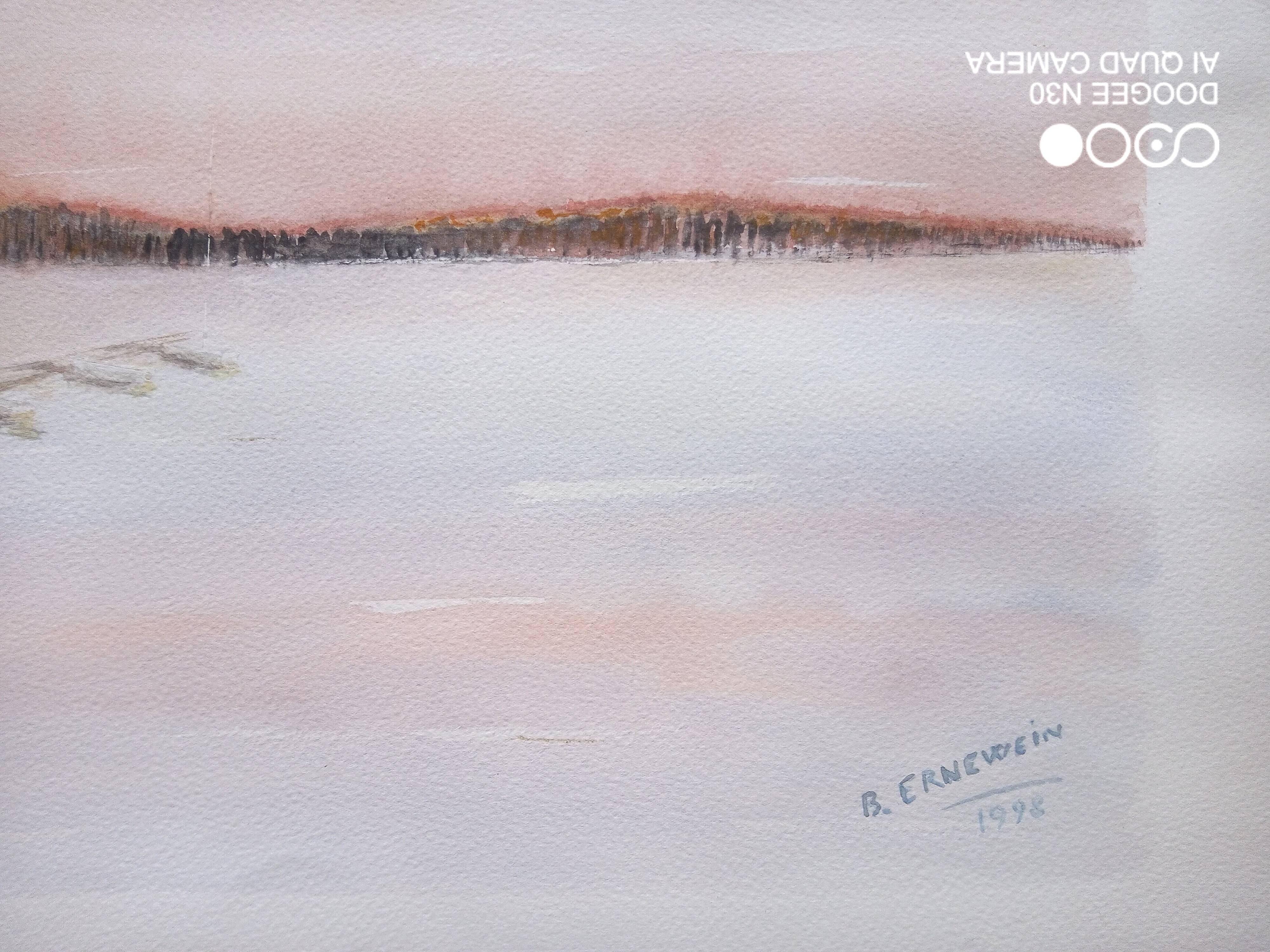 Watercolor on paper - sunset on a beach with boats, framed, signed B. Ernewein