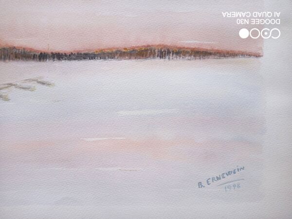 Aquarelle sur papier - couché de soleil sur une plage avec barques, encadrée, signée B. Ernewein