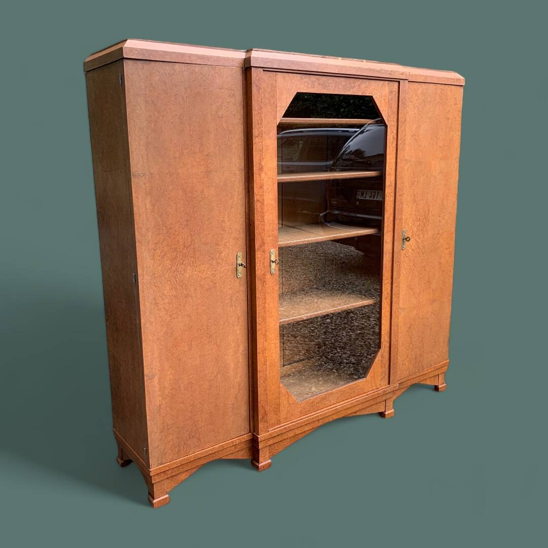 Art deco glass china cabinet in burr walnut 1930