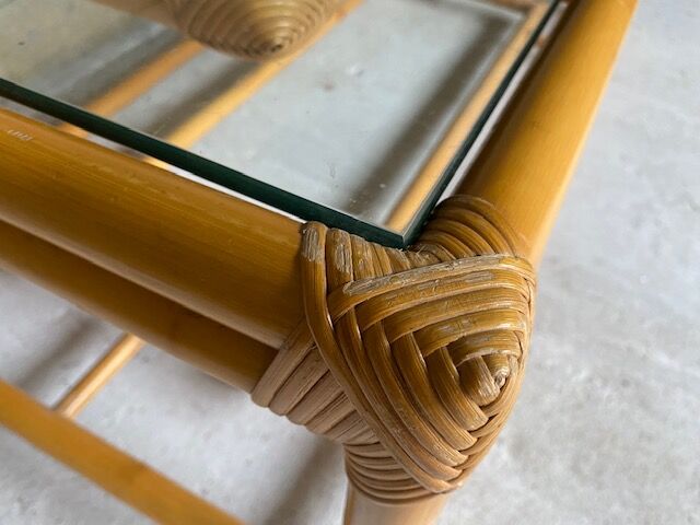 Rattan coffee table vintage glass top 1970