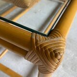 Rattan coffee table vintage glass top 1970
