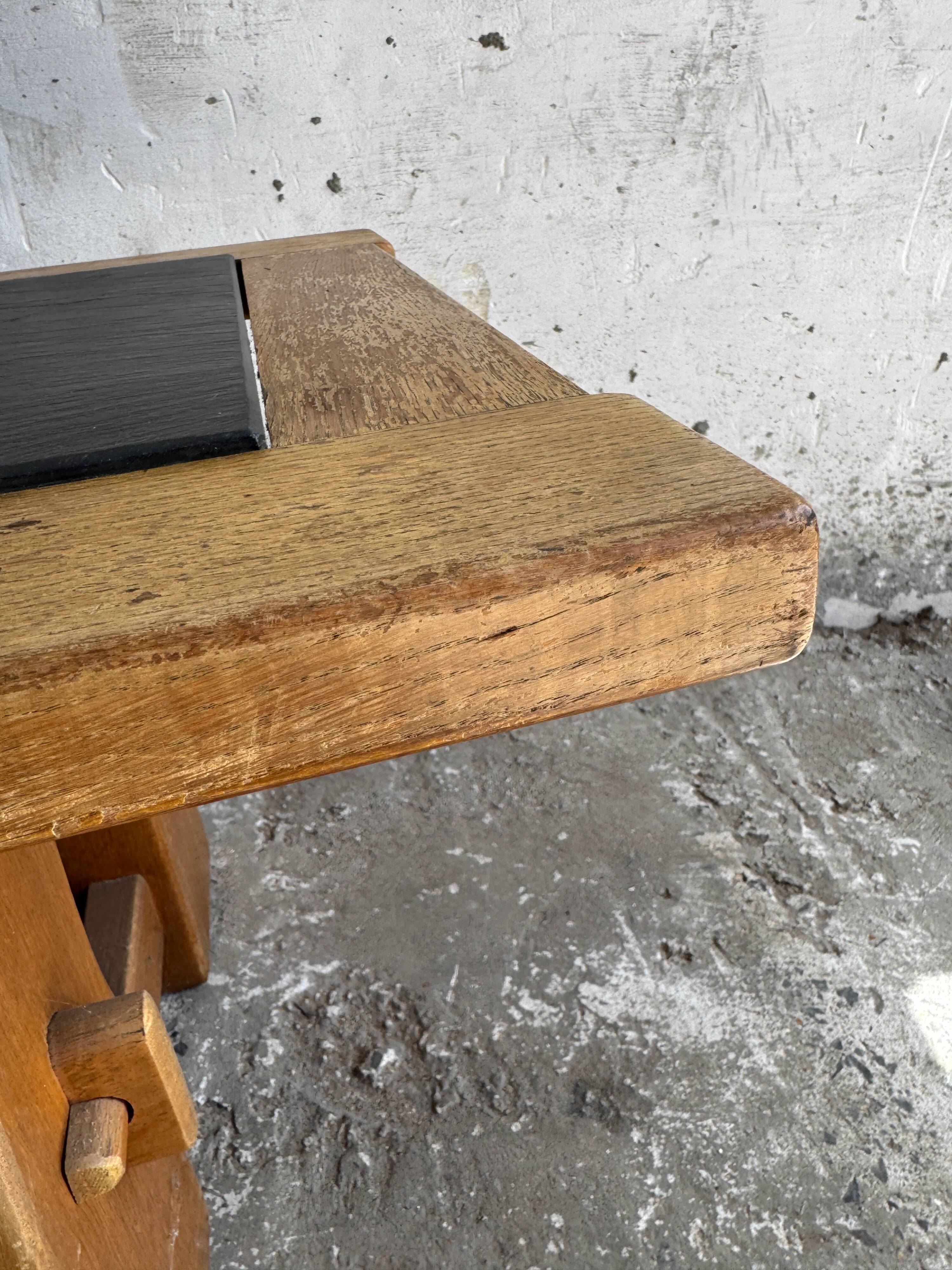 Vintage Oak Coffee Table with Belgian Blue Stone Top — Natural Oak & Dark Slate Grey, 1950s