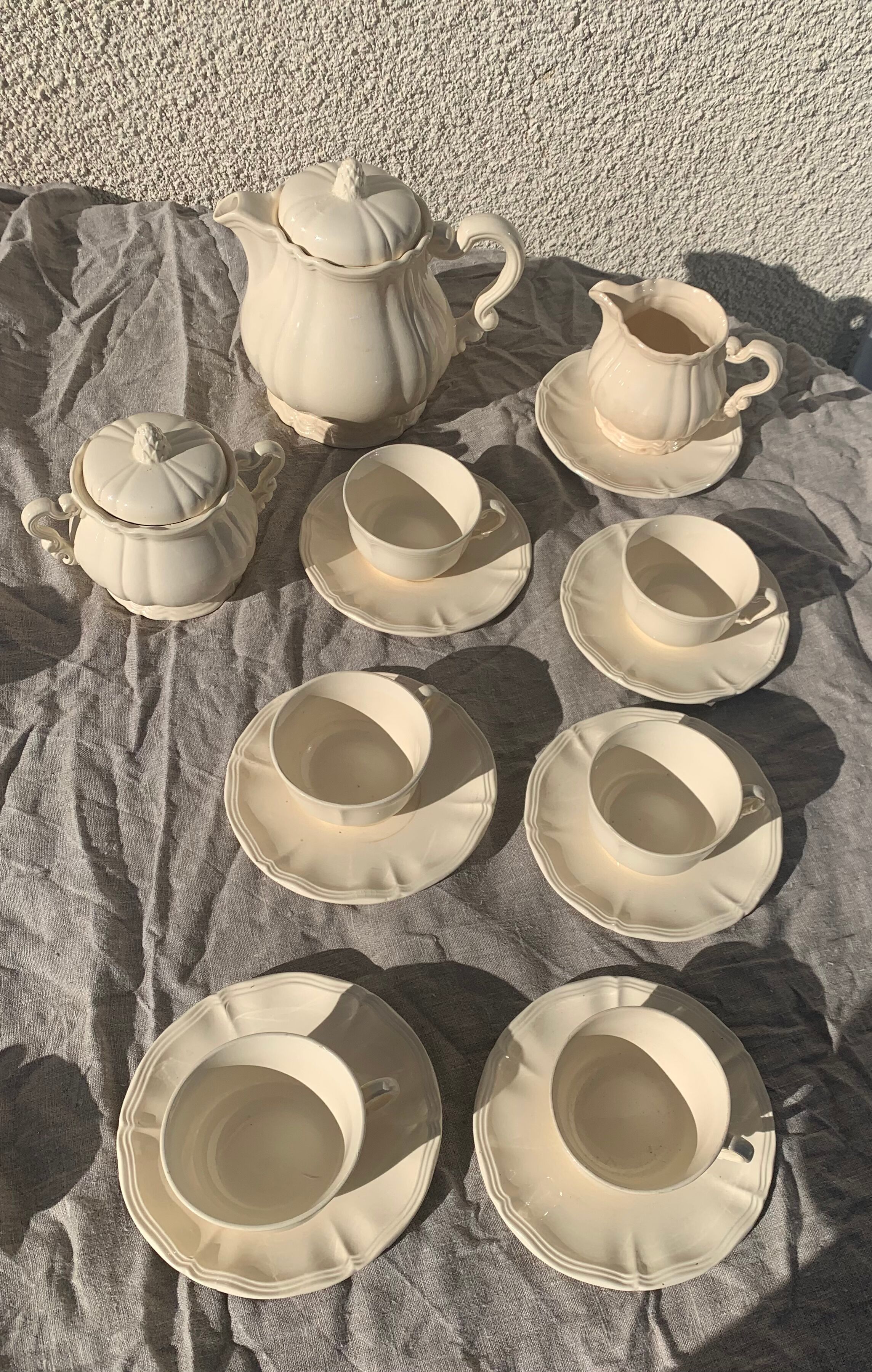 Digoin sarreguemines earthenware tea set consisting of 15 pieces antique cream