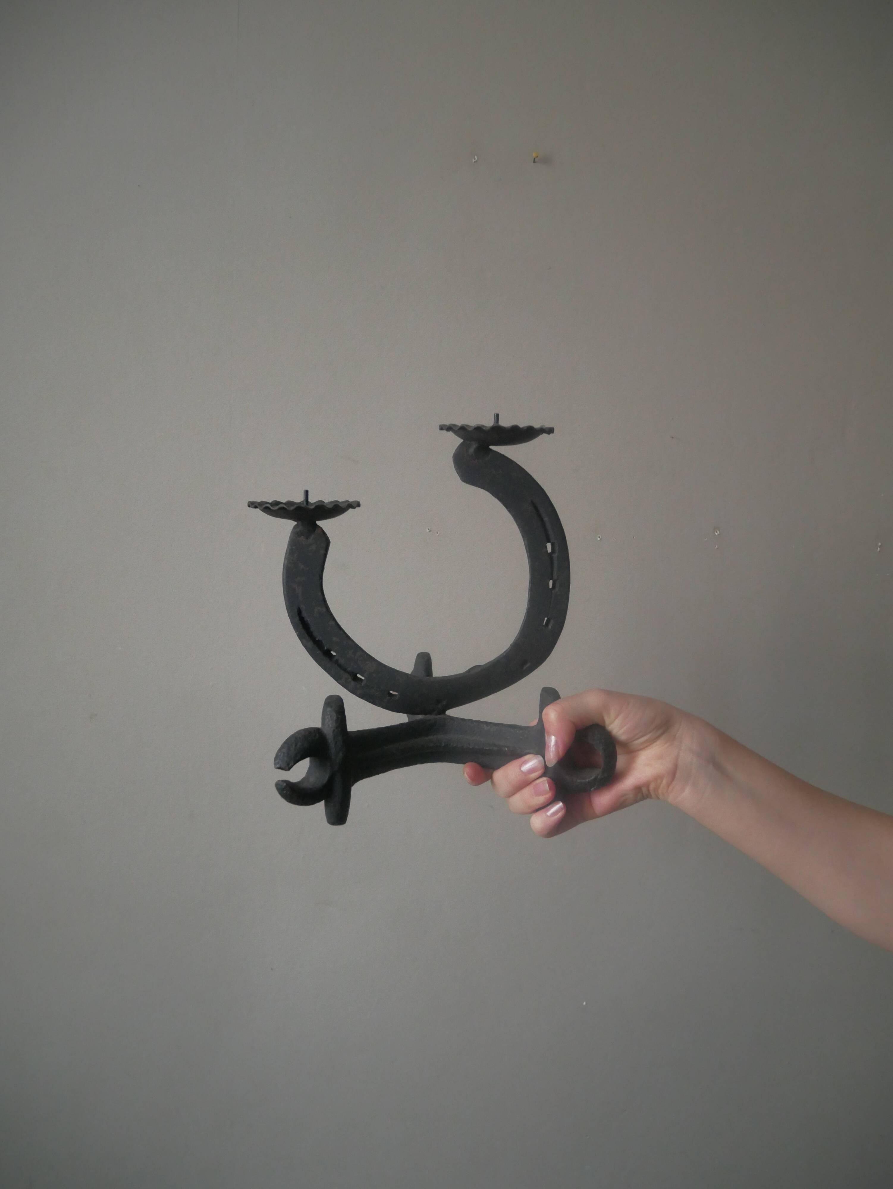 Cast iron ironwork candle holder horseshoe candlestick candelabra artisanal brutalist decoration