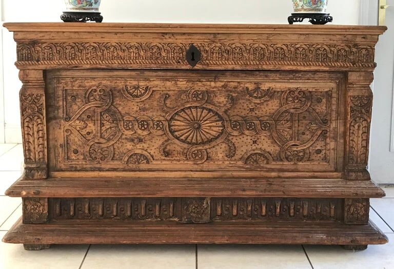 Antique Carved wooden chest with plant motif Renaissance period