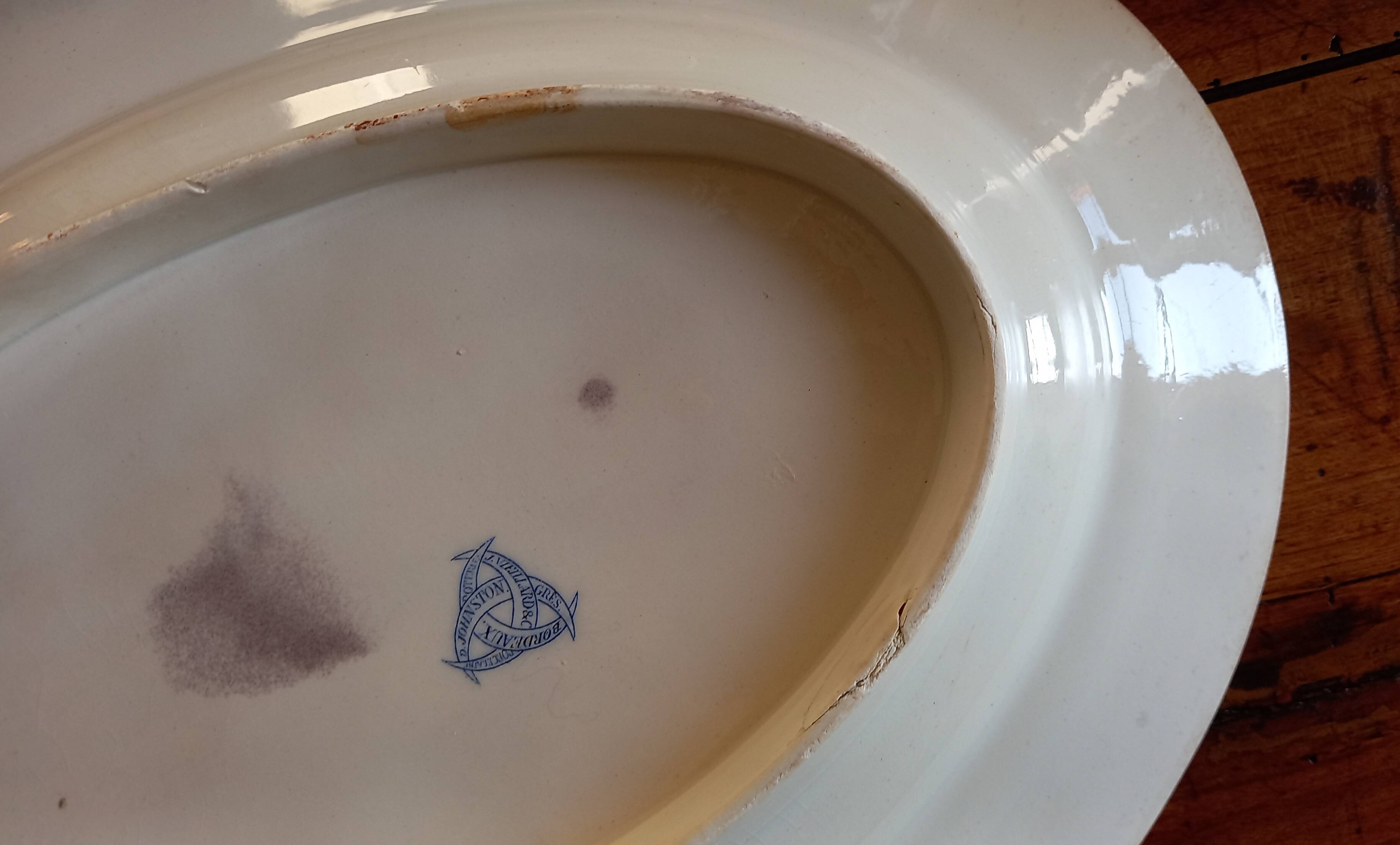 Antique asparagus dish, large 19th century oval earthenware dish D. JOHNSTON & J. VIEILLARD BORDEAUX